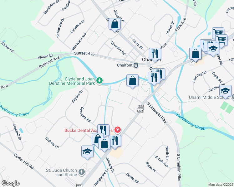 map of restaurants, bars, coffee shops, grocery stores, and more near 88 Oak Ave in Chalfont