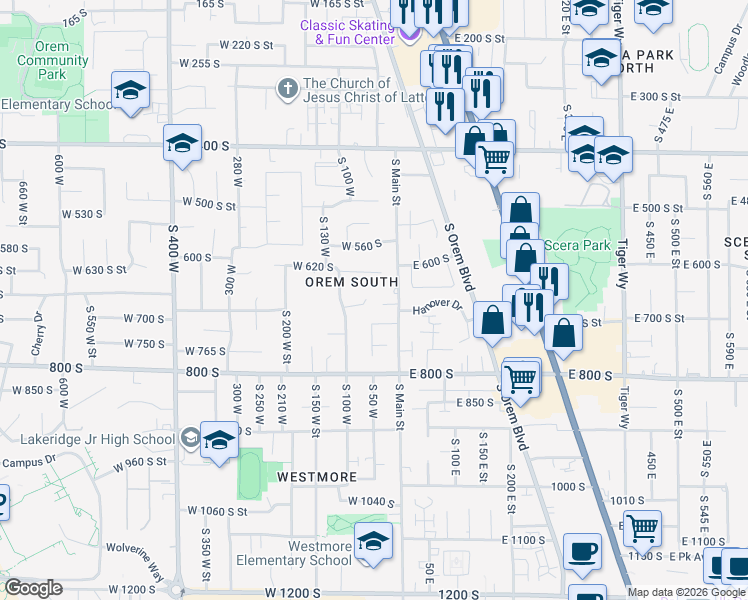 map of restaurants, bars, coffee shops, grocery stores, and more near 54 West 680 South in Orem