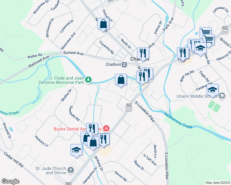 map of restaurants, bars, coffee shops, grocery stores, and more near 88 Oak Ave in Chalfont