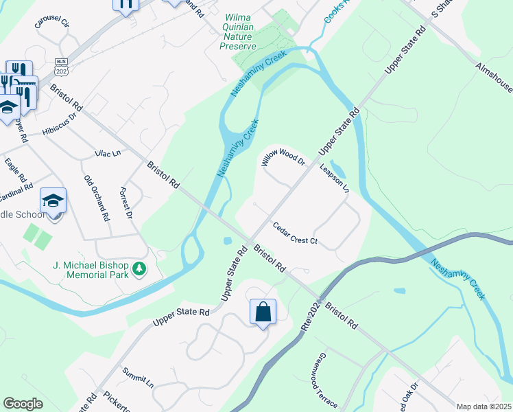 map of restaurants, bars, coffee shops, grocery stores, and more near 106 Ruth Lane in Chalfont