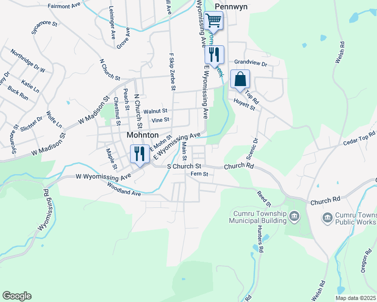 map of restaurants, bars, coffee shops, grocery stores, and more near 27 Main Street in Mohnton