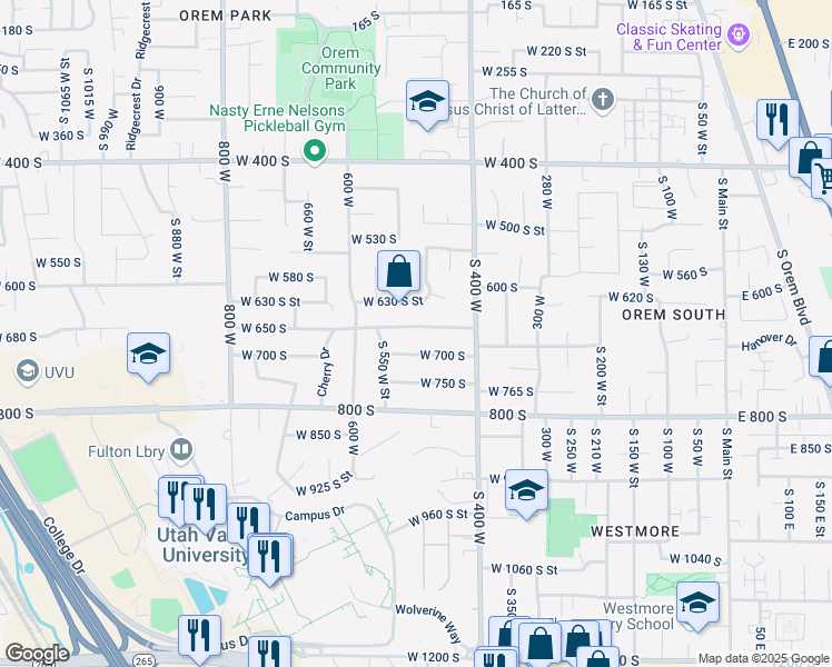 map of restaurants, bars, coffee shops, grocery stores, and more near 503 West 650 South in Orem