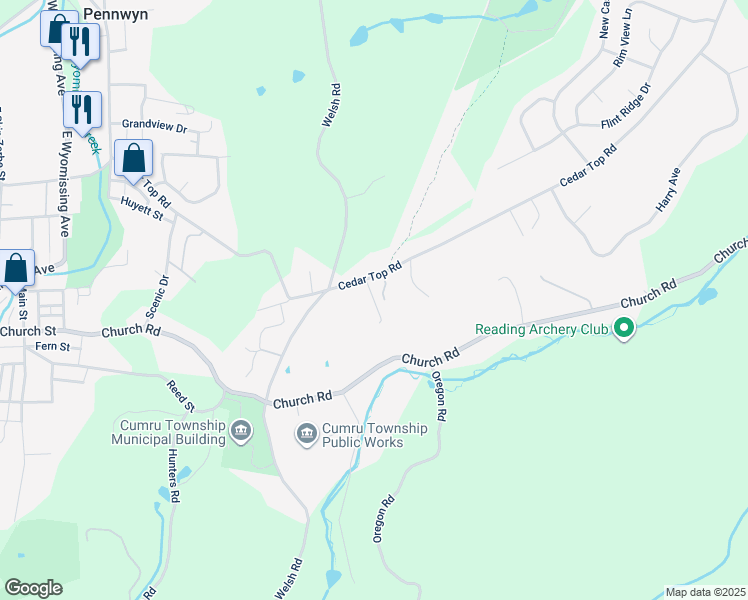 map of restaurants, bars, coffee shops, grocery stores, and more near 1694 Cedar Top Road in Reading