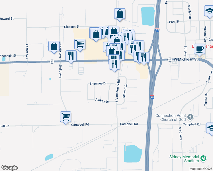 map of restaurants, bars, coffee shops, grocery stores, and more near 1786 Shawnee Drive in Sidney