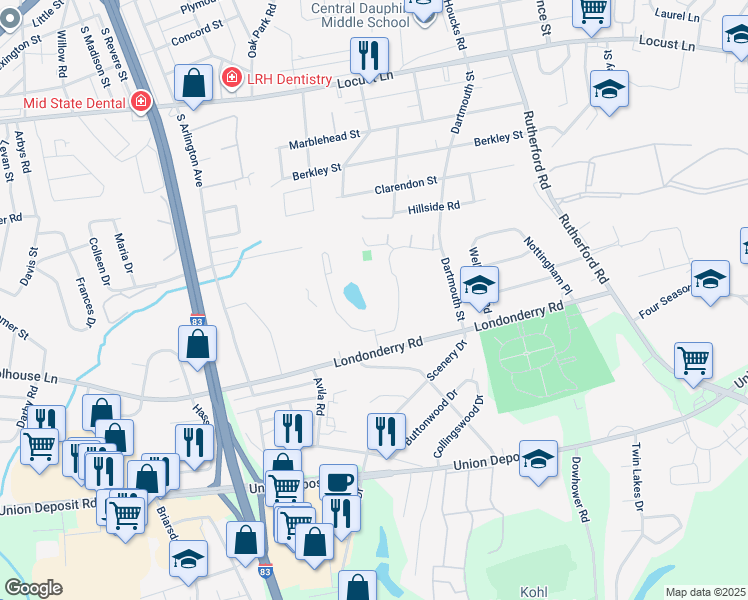 map of restaurants, bars, coffee shops, grocery stores, and more near 800 King Russ Road in Harrisburg