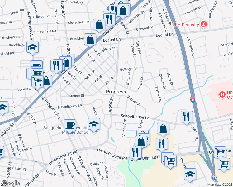 map of restaurants, bars, coffee shops, grocery stores, and more near in Progress