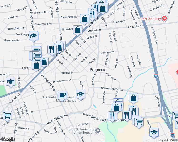 map of restaurants, bars, coffee shops, grocery stores, and more near 401 Fishburn Street in Harrisburg