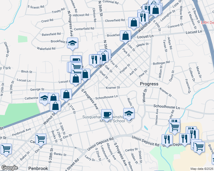 map of restaurants, bars, coffee shops, grocery stores, and more near 109 Shell Street in Harrisburg