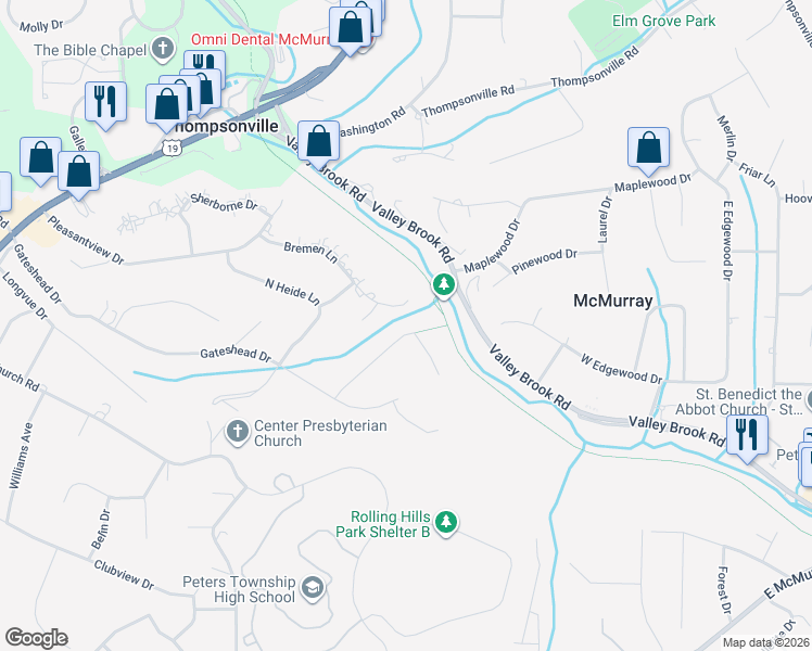 map of restaurants, bars, coffee shops, grocery stores, and more near 29 Bremen Lane in Canonsburg