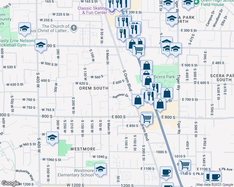 map of restaurants, bars, coffee shops, grocery stores, and more near 55 Hanover Drive in Orem