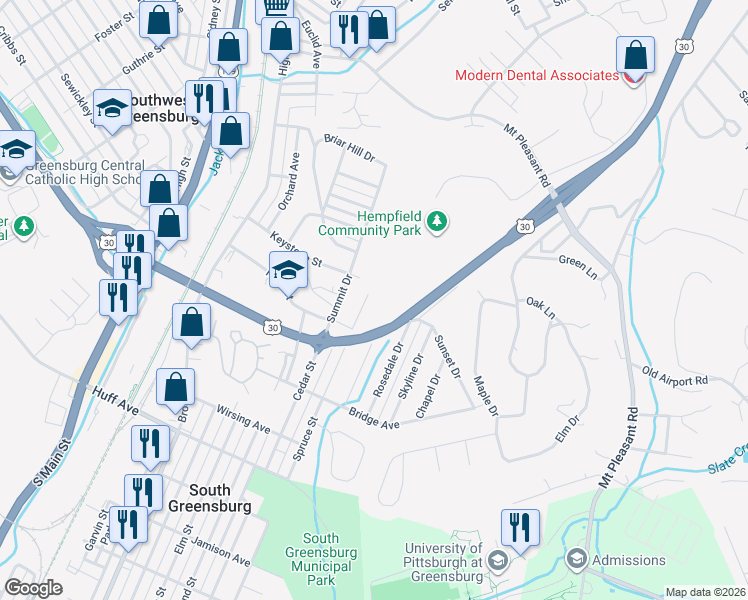 map of restaurants, bars, coffee shops, grocery stores, and more near 1069 Spruce Street in Greensburg