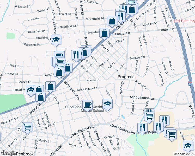 map of restaurants, bars, coffee shops, grocery stores, and more near 205 Oak Street in Harrisburg