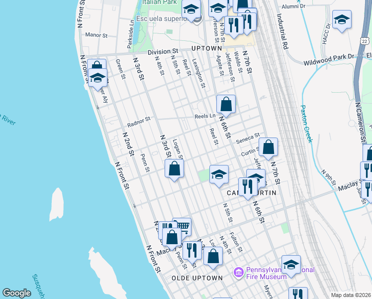 map of restaurants, bars, coffee shops, grocery stores, and more near 2441 Logan Street in Harrisburg