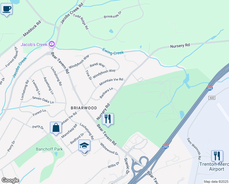 map of restaurants, bars, coffee shops, grocery stores, and more near 21 Nursery Road in Ewing Township