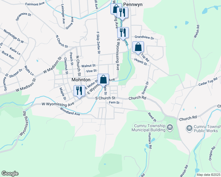 map of restaurants, bars, coffee shops, grocery stores, and more near 16 Front Street in Mohnton