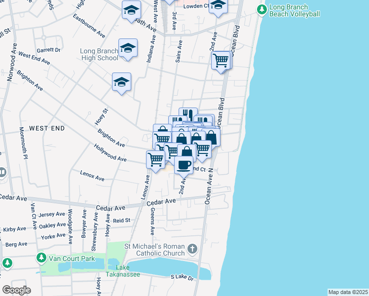 map of restaurants, bars, coffee shops, grocery stores, and more near 72 West End Avenue in Shrewsbury