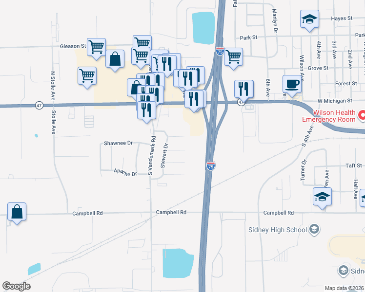 map of restaurants, bars, coffee shops, grocery stores, and more near 1801 Daniel Place in Sidney