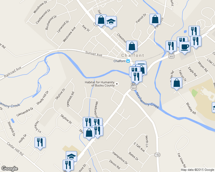 map of restaurants, bars, coffee shops, grocery stores, and more near 106 Oak Avenue in Chalfont