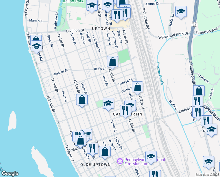 map of restaurants, bars, coffee shops, grocery stores, and more near 531 Seneca Street in Harrisburg