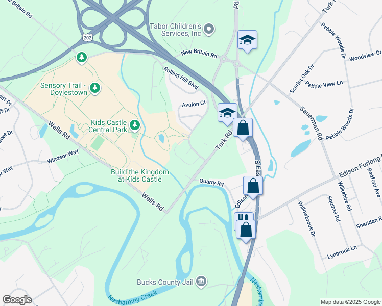 map of restaurants, bars, coffee shops, grocery stores, and more near 3 Bridgepoint Court in Doylestown