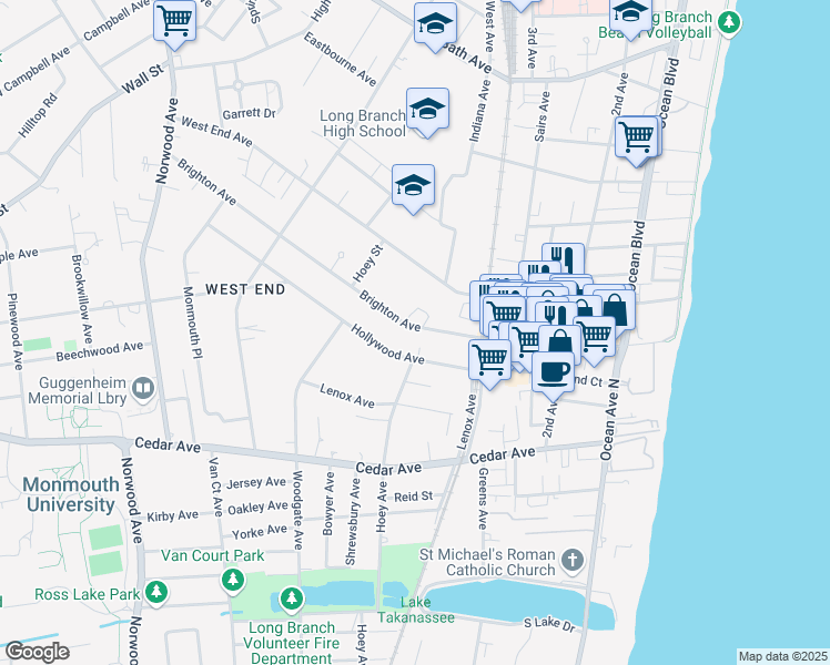 map of restaurants, bars, coffee shops, grocery stores, and more near 220 Brighton Avenue in Long Branch