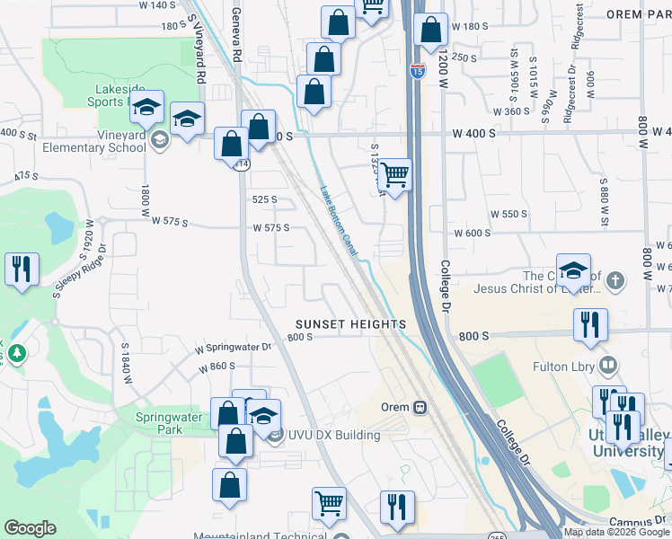 map of restaurants, bars, coffee shops, grocery stores, and more near 1431 West 650 South in Orem