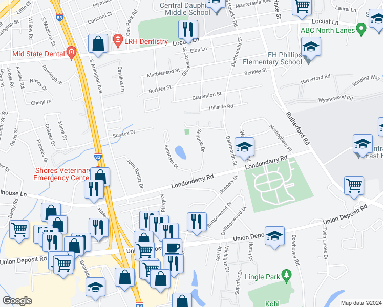 map of restaurants, bars, coffee shops, grocery stores, and more near 800 King Russ Road in Harrisburg