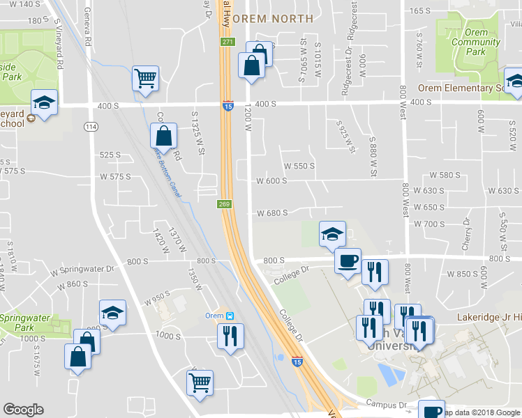 map of restaurants, bars, coffee shops, grocery stores, and more near 676 South 1160 West Street in Orem