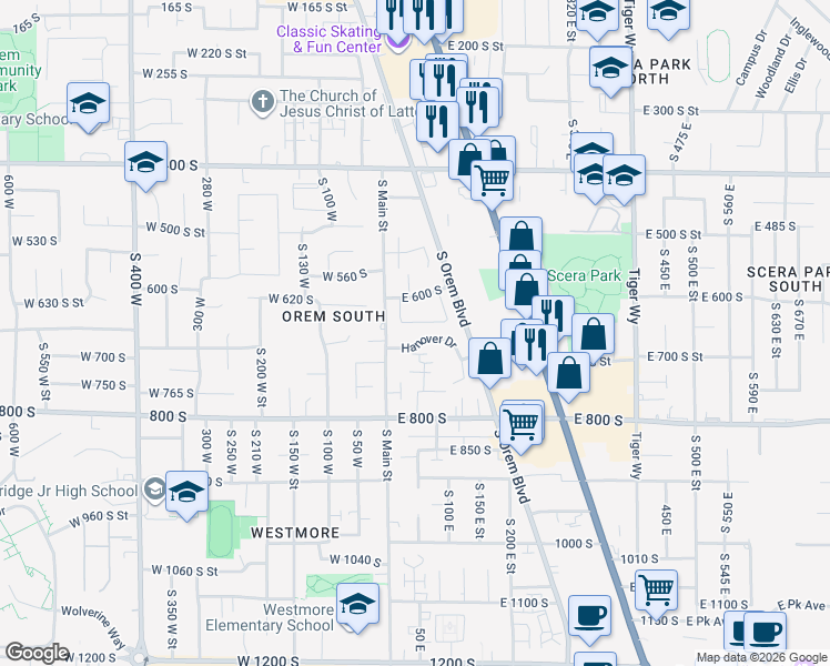 map of restaurants, bars, coffee shops, grocery stores, and more near 55 Hanover Drive in Orem