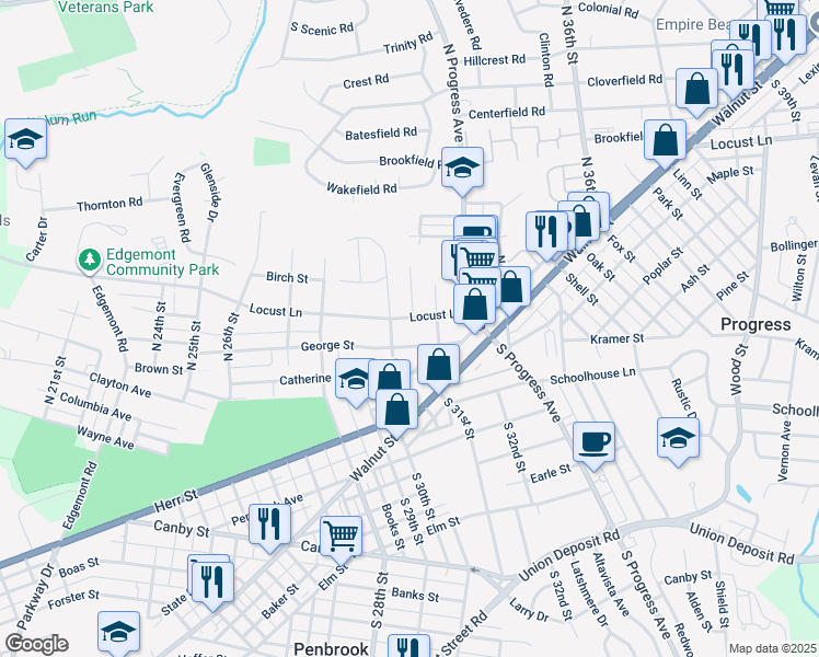 map of restaurants, bars, coffee shops, grocery stores, and more near 3001 Locust Lane in Harrisburg
