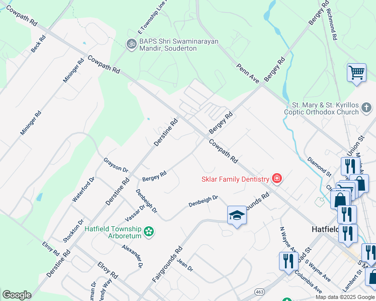map of restaurants, bars, coffee shops, grocery stores, and more near 1780 Bergey Road in Hatfield