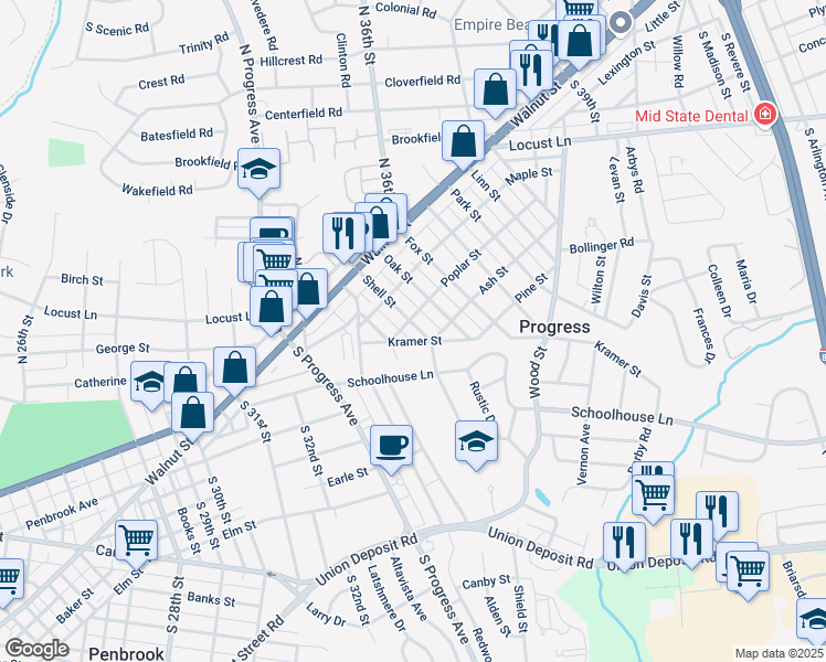 map of restaurants, bars, coffee shops, grocery stores, and more near 109 Shell Street in Harrisburg