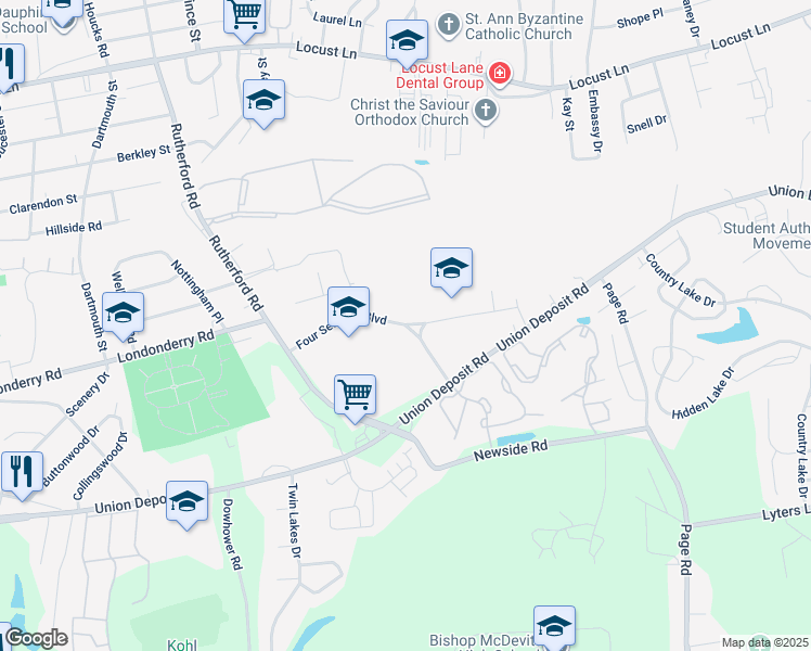 map of restaurants, bars, coffee shops, grocery stores, and more near 626 Rutherford Road in Harrisburg
