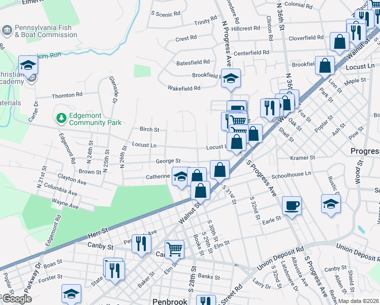 map of restaurants, bars, coffee shops, grocery stores, and more near 2926 Locust Lane in Harrisburg