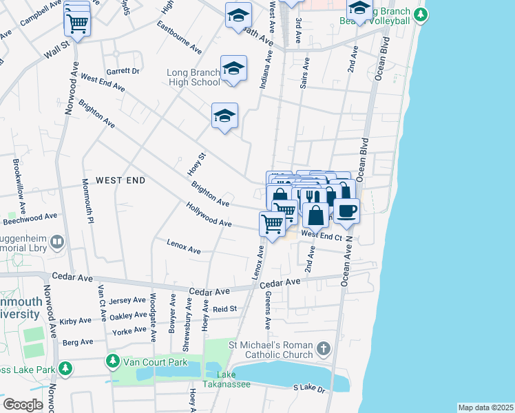 map of restaurants, bars, coffee shops, grocery stores, and more near 221 Brighton Avenue in Long Branch