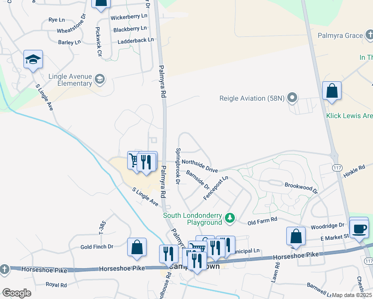 map of restaurants, bars, coffee shops, grocery stores, and more near 111 Windermere Drive in Palmyra