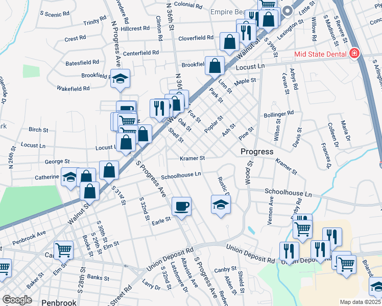 map of restaurants, bars, coffee shops, grocery stores, and more near 109 Shell Street in Harrisburg