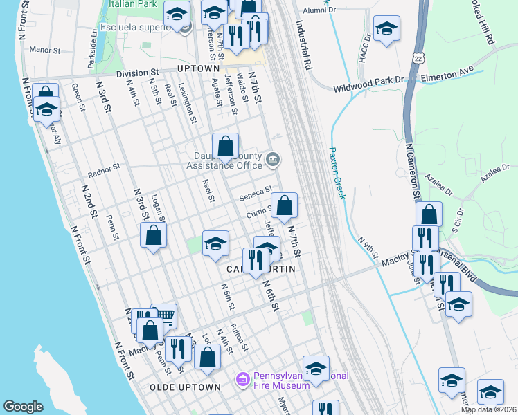 map of restaurants, bars, coffee shops, grocery stores, and more near 625 Seneca Street in Harrisburg