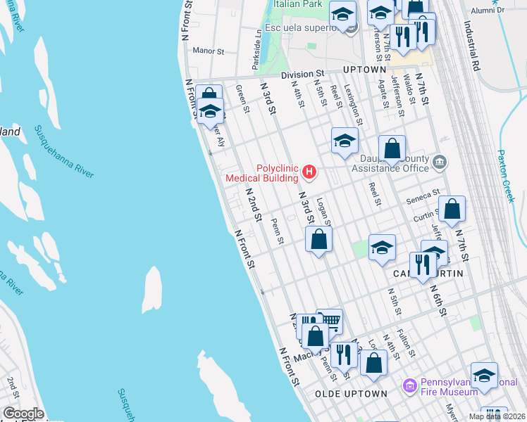 map of restaurants, bars, coffee shops, grocery stores, and more near 2520 Green Street in Harrisburg