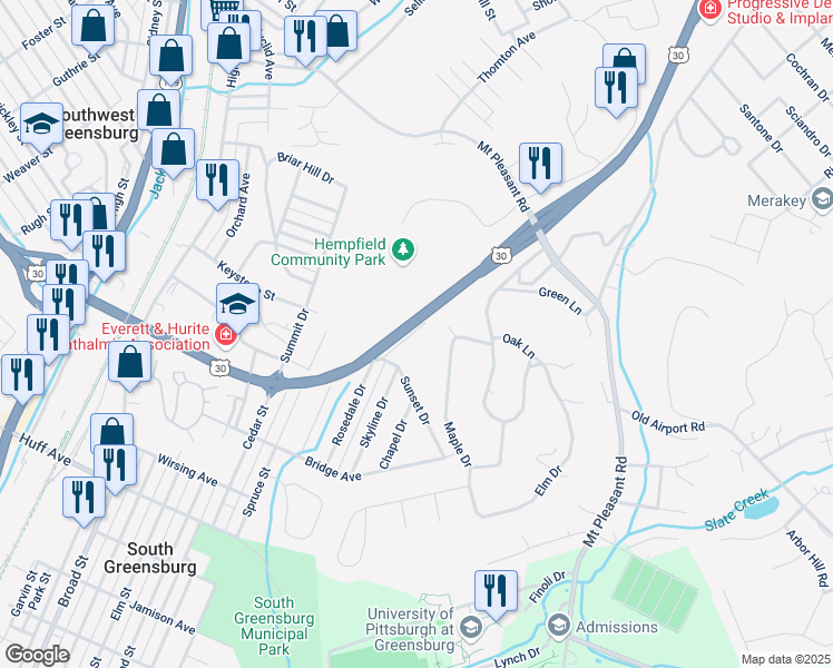 map of restaurants, bars, coffee shops, grocery stores, and more near 200 Brooklane Drive in Greensburg