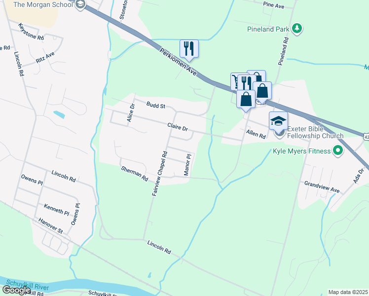 map of restaurants, bars, coffee shops, grocery stores, and more near 1248 Dauphin Place in Birdsboro