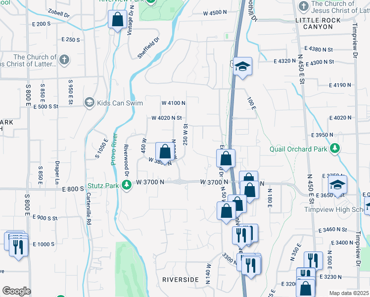 map of restaurants, bars, coffee shops, grocery stores, and more near 3878 250 West Street in Provo