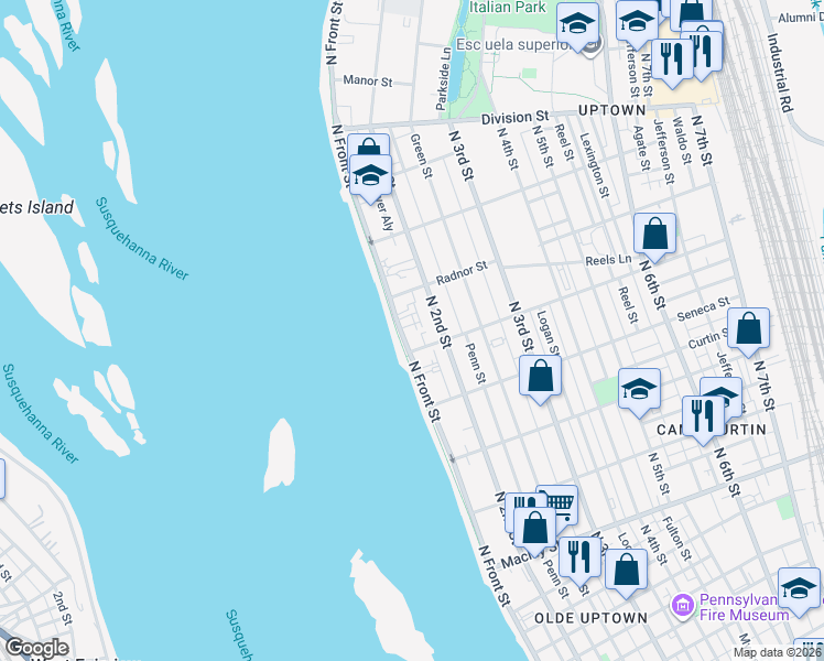 map of restaurants, bars, coffee shops, grocery stores, and more near 2515 North Front Street in Harrisburg