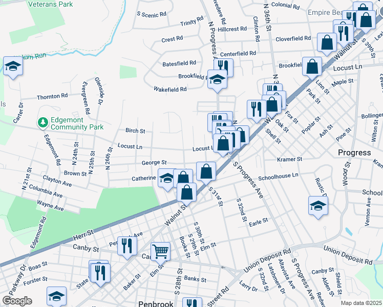 map of restaurants, bars, coffee shops, grocery stores, and more near 3001 Locust Lane in Harrisburg