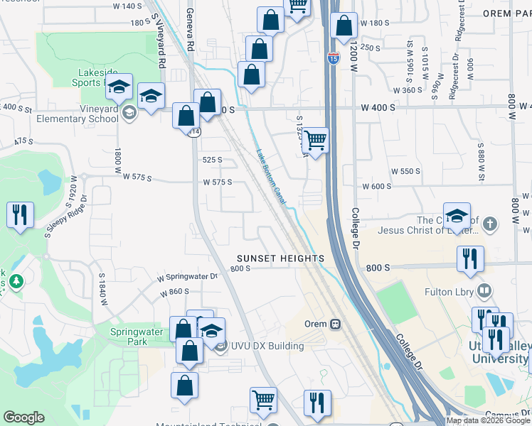 map of restaurants, bars, coffee shops, grocery stores, and more near 1431 West 650 South in Orem