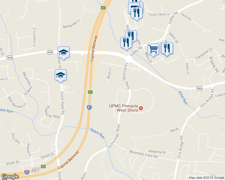 map of restaurants, bars, coffee shops, grocery stores, and more near 2020 Technology Parkway in Mechanicsburg
