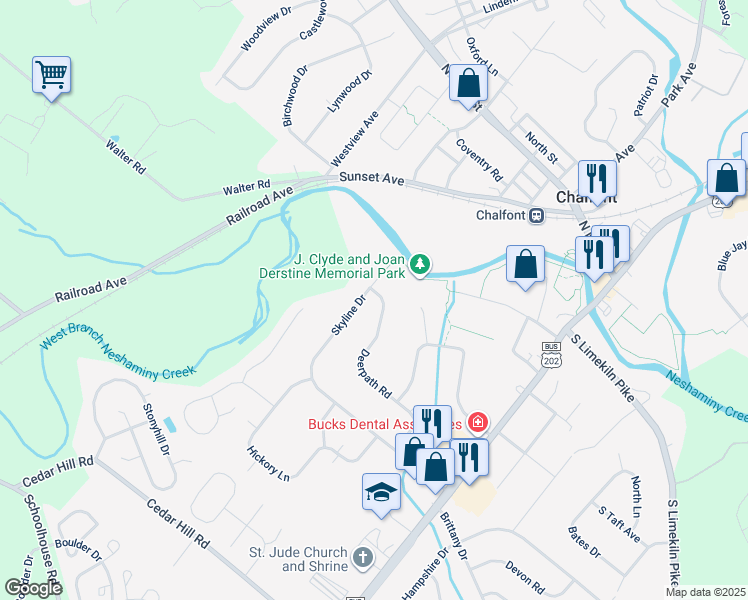 map of restaurants, bars, coffee shops, grocery stores, and more near 63 Deerpath Road in Chalfont
