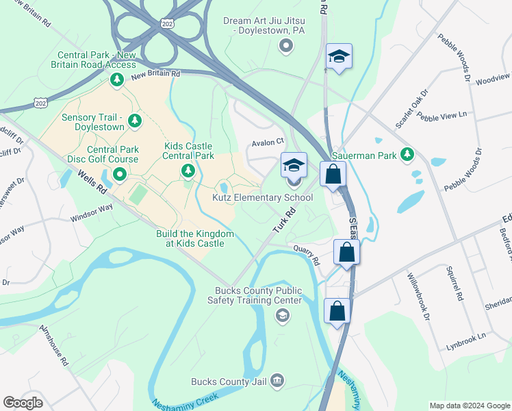 map of restaurants, bars, coffee shops, grocery stores, and more near 10 Bridgepoint Court in Doylestown