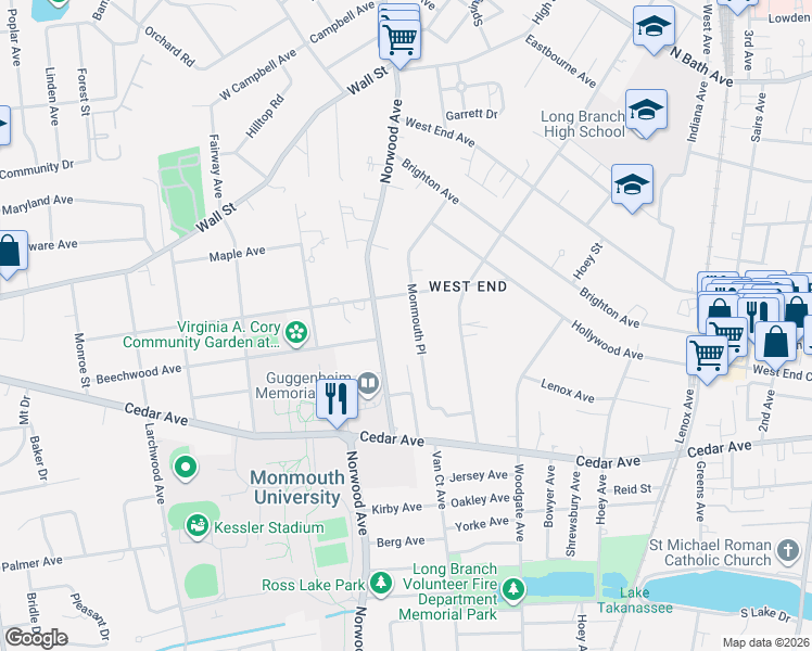 map of restaurants, bars, coffee shops, grocery stores, and more near 444 Monmouth Place in Long Branch