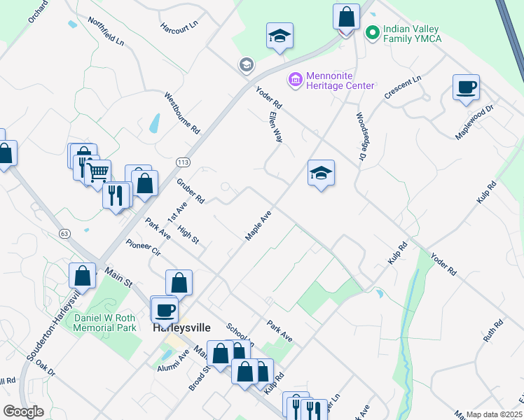 map of restaurants, bars, coffee shops, grocery stores, and more near 185 Maple Avenue in Harleysville